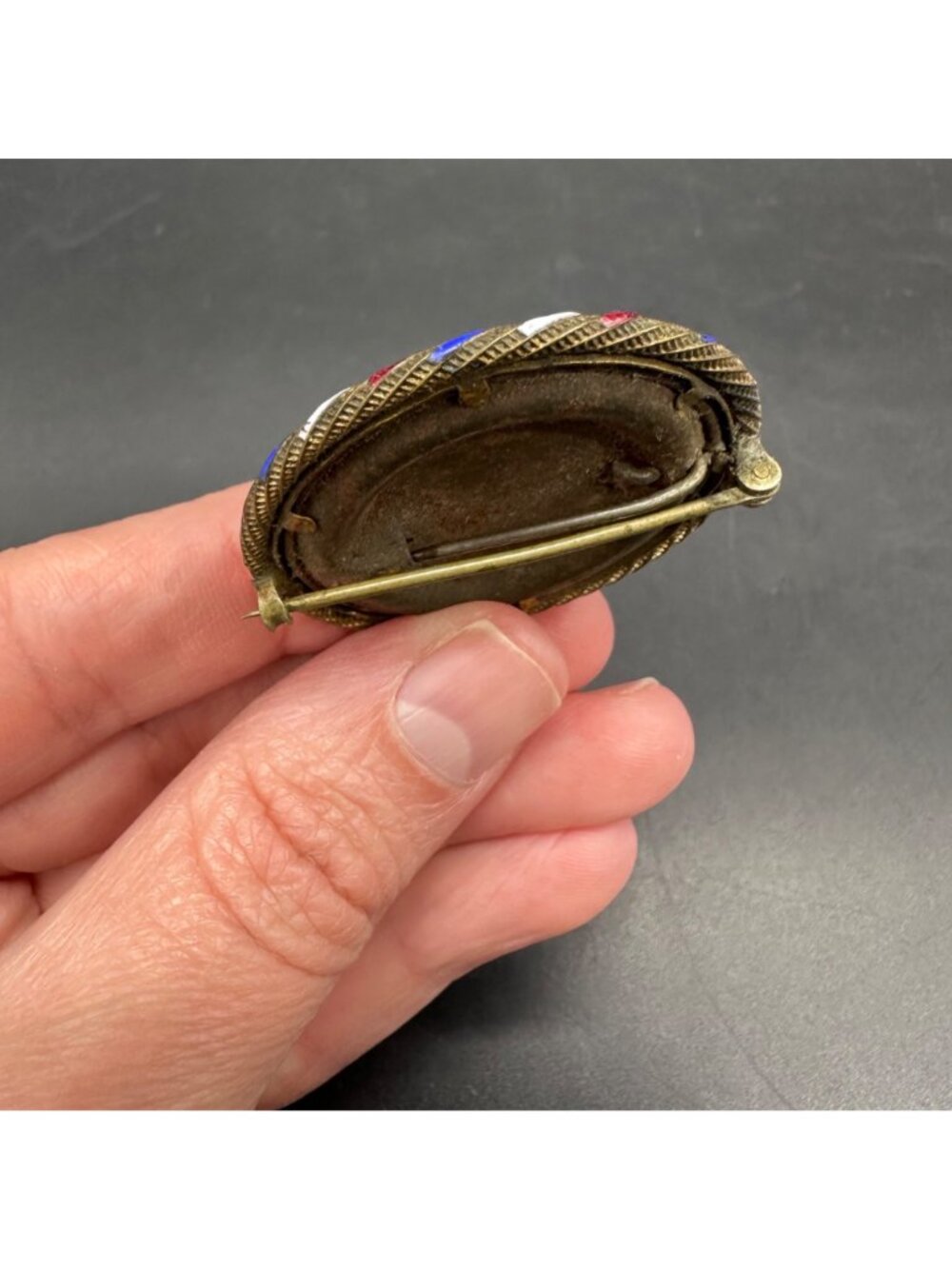 Antique Victorian Mourning Photo Brooch Pin Child Baby Brass Enamel Patriotic - Picture 5 of 8